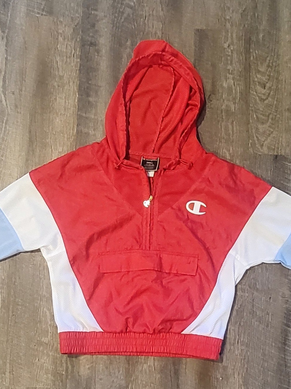 Champion Red Hooded Pullover with White and Blue Mesh Panels
